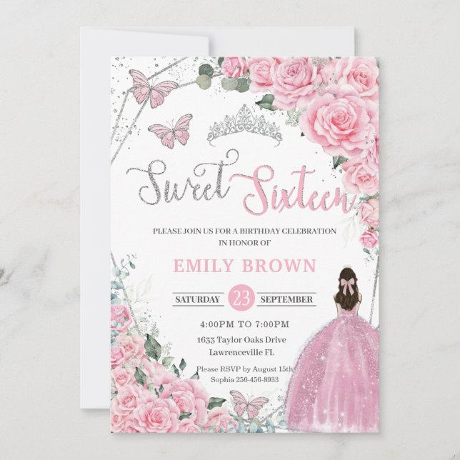 Sweet sixteen Rosa Blommigt Princess Silver Birthd Inbjudningar (Framsida)