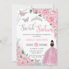 Sweet sixteen Rosa Blommigt Princess Silver Birthd Inbjudningar