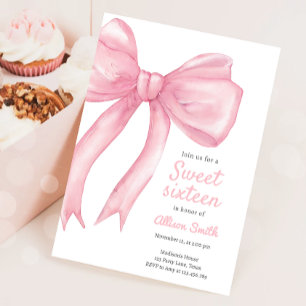 Sweet sixteen Rosa Bow Coquette 16:e födelsedagen Inbjudningar