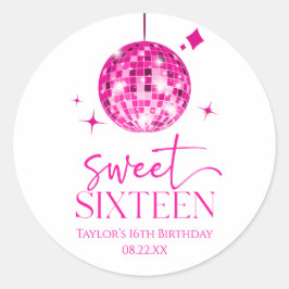 Sweet sixteen Rosa Disco Boll 16:e Födelsedagsfest Runt Klistermärke