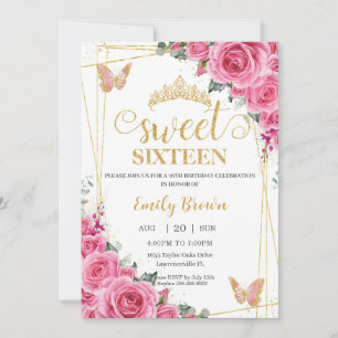 Sweet sixteen Rosa Fuchsia Blommigt Guld Butterfli Inbjudningar