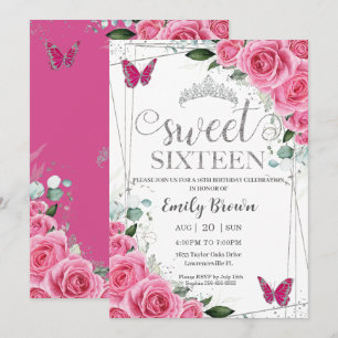 Sweet sixteen Rosa Fuchsia Blommigt Silver Butterf Inbjudningar