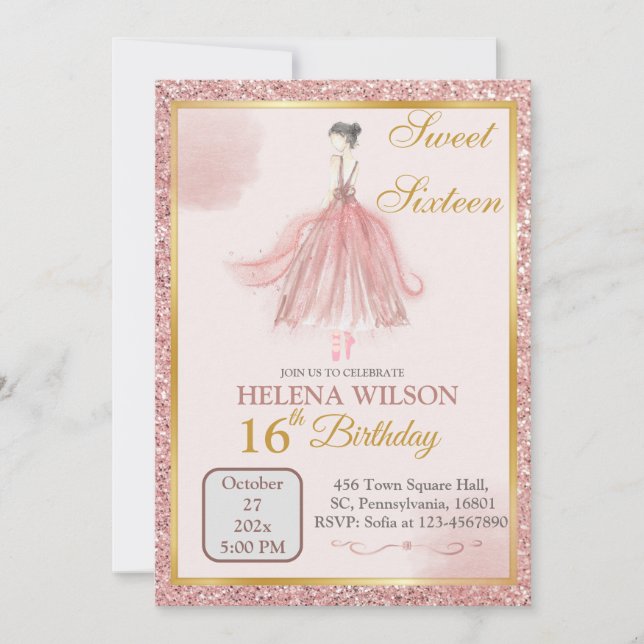 SWEET SIXTEEN ROSA GLITTER BALLERINA BIRTHDAY INBJUDNINGAR (Framsida)