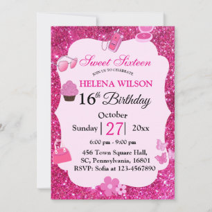 SWEET SIXTEEN ROSA GLITTER MAKEUP BIRTHDAY INBJUDNINGAR