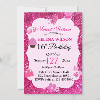 SWEET SIXTEEN ROSA GLITTER MAKEUP BIRTHDAY INBJUDNINGAR