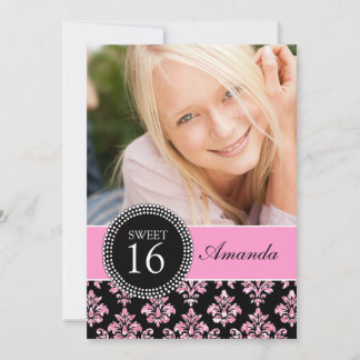 SWEET SIXTEEN, ROSA GLITTER, SVART DAMASK INBJUDNINGAR