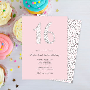 Sweet sixteen Rosa Grått Leopard Birthday Inbjudningar