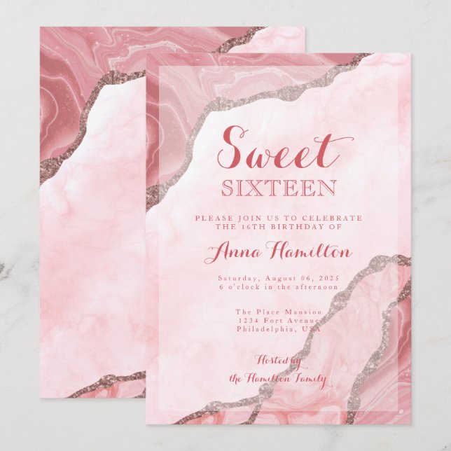 Sweet sixteen  Rosa Guld Agate Geode Birthday Inbjudningar (Fram/baksida)