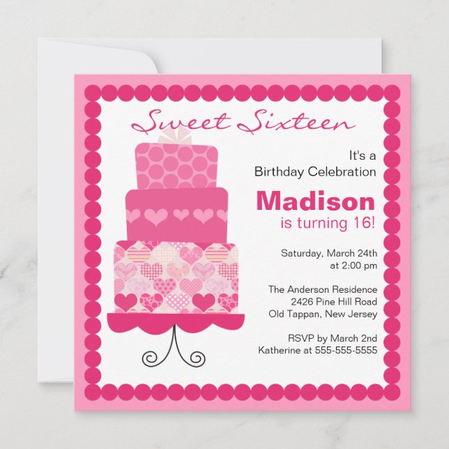 Sweet sixteen Rosa Hearts Cake Birthday Inbjudan (Framsida)