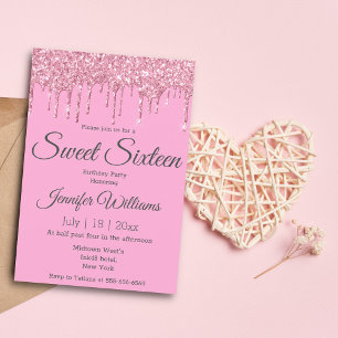 sweet sixteen rosa lyxdryck glitter inbjudningar