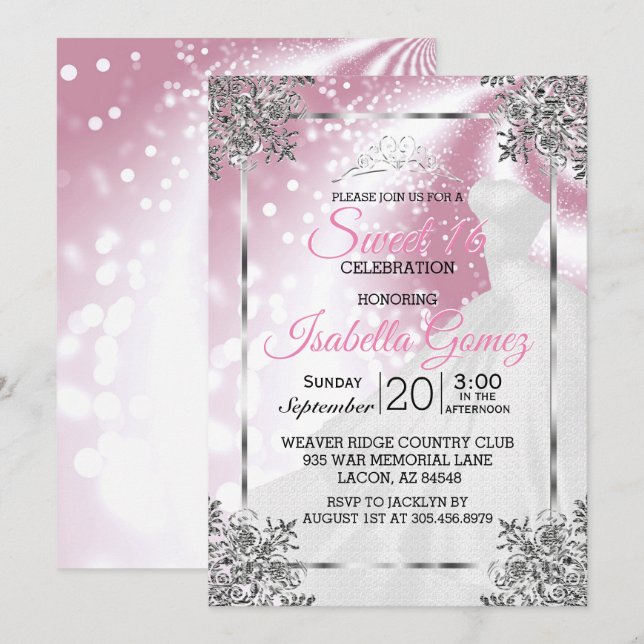 Sweet sixteen Rosa med Princess Gown Inbjudningar (Fram/baksida)