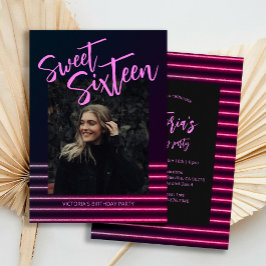 Sweet sixteen Rosa Neon Glitter Födelsedagsfest Inbjudningar