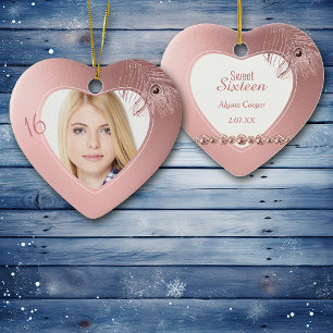 Sweet sixteen rosa Peacock Feather Photo Template Julgransprydnad Keramik