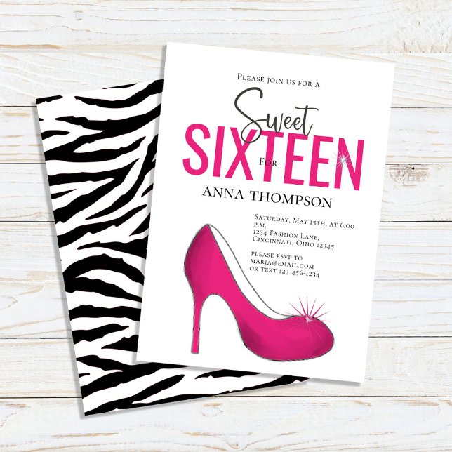 Sweet sixteen Rosa Shoes Födelsedagsfest Inbjudningar (Sweet 16 custom invitations with pink-colored high-heeled shoes. )