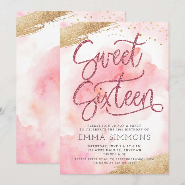Sweet sixteen Rosa Watercolor Glitter Birthday Inbjudningar (Fram/baksida)
