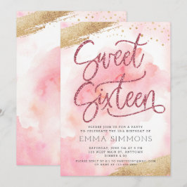 Sweet sixteen Rosa Watercolor Glitter Birthday Inbjudningar