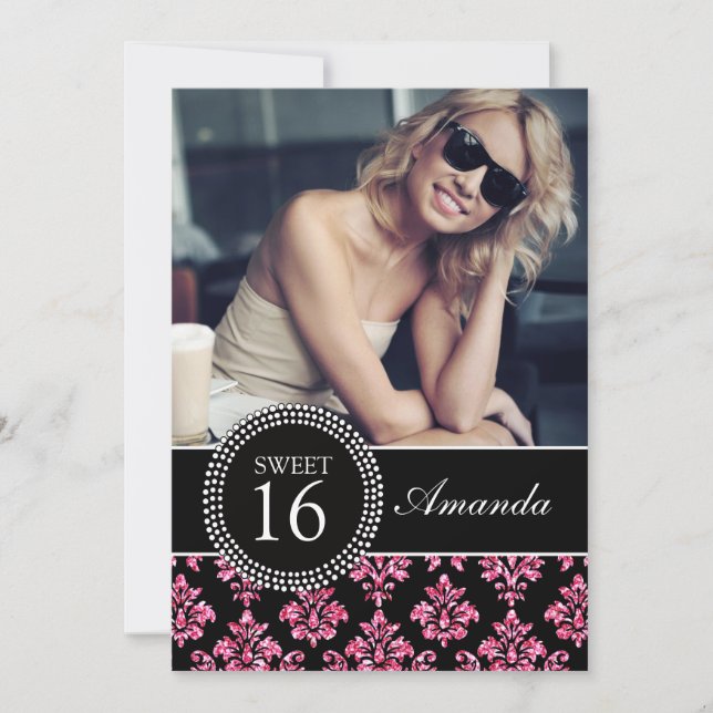 SWEET SIXTEEN ROSAGLITTER, SVART DAMAST INBJUDNINGAR (Framsida)