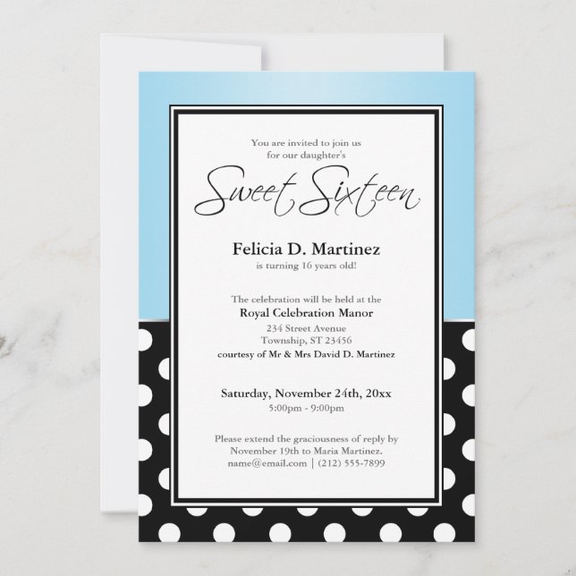 Sweet sixteen royal Black Polka Dot Blue Inbjudningar (Framsida)