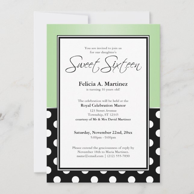 Sweet sixteen royal Black Polka Dot Grönt Inbjudningar (Framsida)