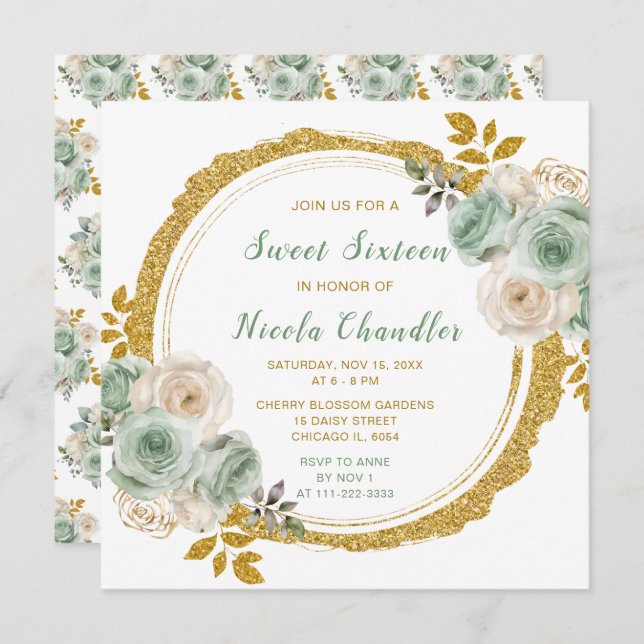 Sweet sixteen Sage Grönt och Guld Elegant Flowers Inbjudningar (Fram/baksida)