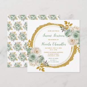 Sweet sixteen Sage Grönt och Guld Elegant Flowers Inbjudningar