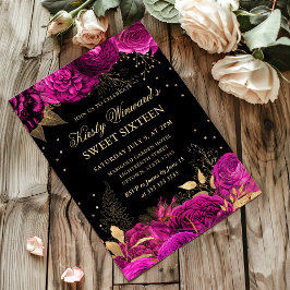 Sweet sixteen shock rosa och Guld Ro Blommigt Inbjudningar