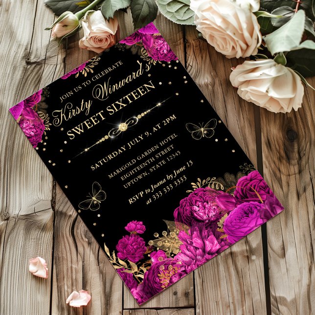 Sweet sixteen shock rosa och Guld Ro Blommigt Inbjudningar (Skapare uppladdad)
