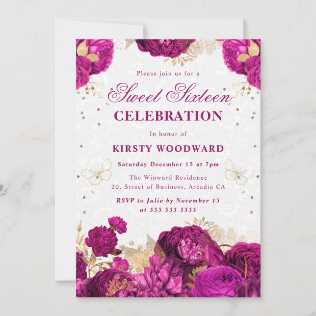 Sweet sixteen shock rosa och Guld Ro Blommigt Inbjudningar (Framsida)
