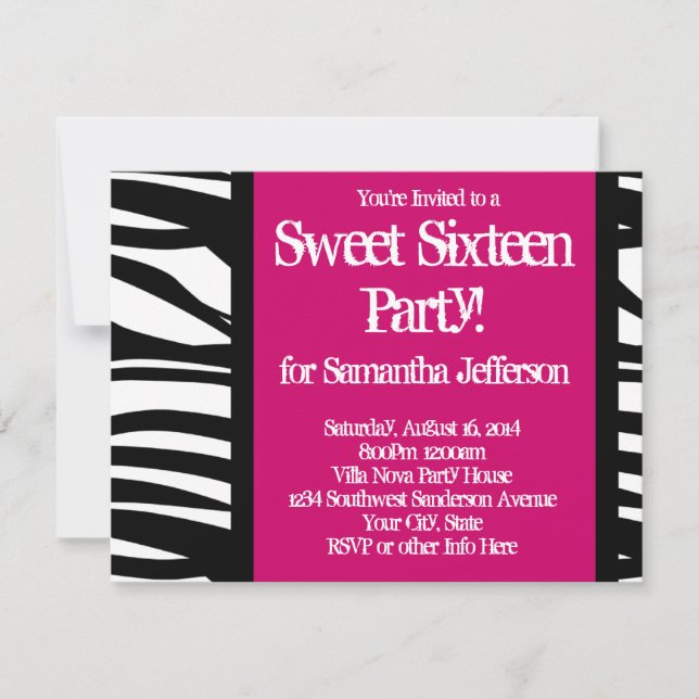 Sweet sixteen, Shock rosa Zebra Inbjudningar (Framsida)