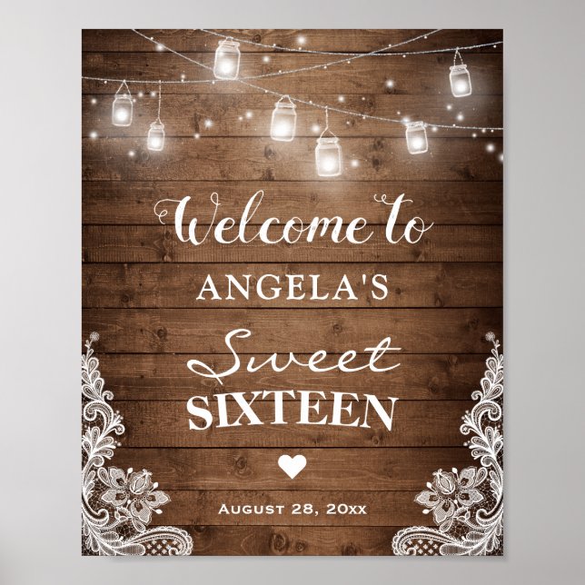 Sweet sixteen Sign Rustic Wood String Ljus Snöre Poster (Framsidan)