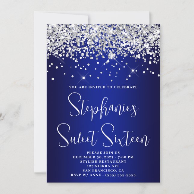 Sweet Sixteen Silver Glitter Royal Blue Navy Ombre Inbjudningar (Framsida)