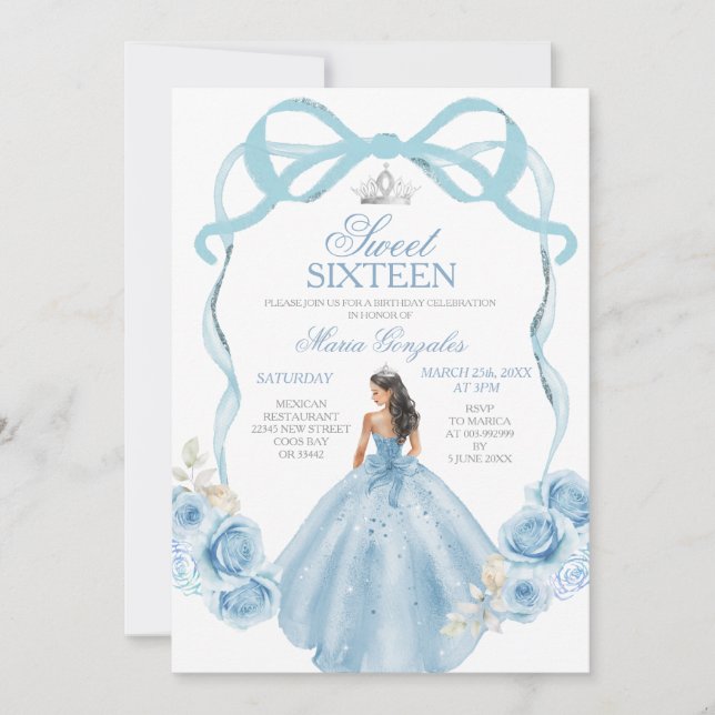 Sweet sixteen Silver och Baby blue födelsedag Inbjudningar (Framsida)