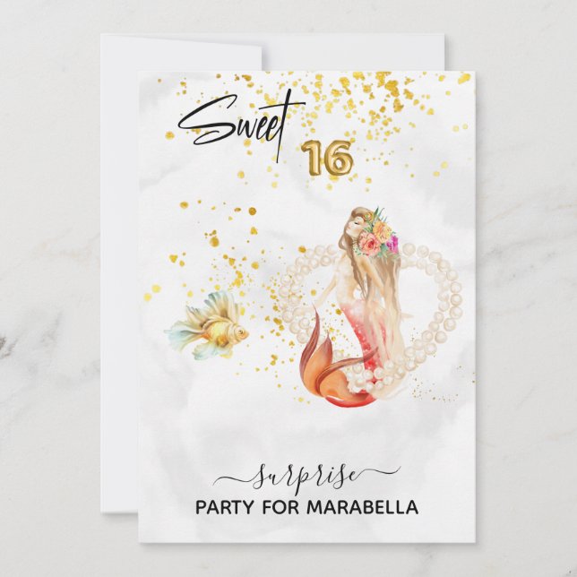 *~* SWEET SIXTEEN Sjöjungfru Pearl Heart 16 födels Inbjudningar (Framsida)