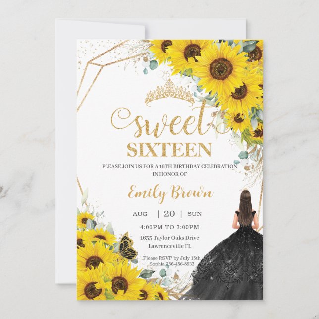 Sweet sixteen Solros Blommigt Guld Black Dress Inbjudningar (Framsida)
