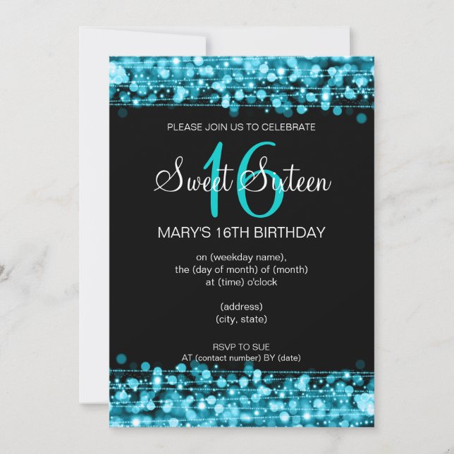 Sweet sixteen Sparkles blått Inbjudningar (Framsida)