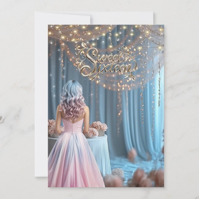 Sweet sixteen Sparkles Flowers Girl Blue Rosa Hair Inbjudningar (Framsida)