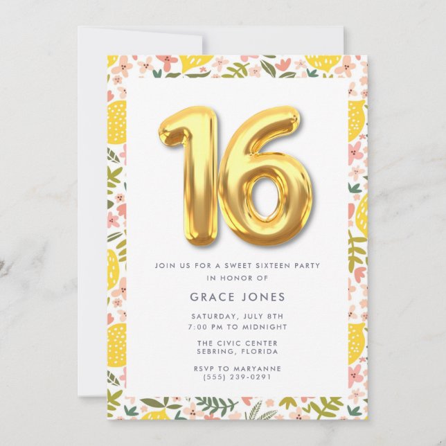 Sweet sixteen Summer Lemon Födelsedagsfest Inbjudningar (Framsida)