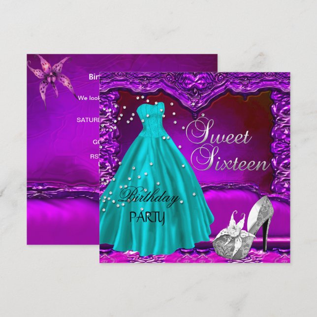 Sweet sixteen Sweet 16 Birthday Lila Dress Gown Inbjudningar (Fram/baksida)