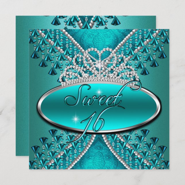 Sweet sixteen Sweet 16 Birthday Teal Blue Tiara Inbjudningar (Fram/baksida)