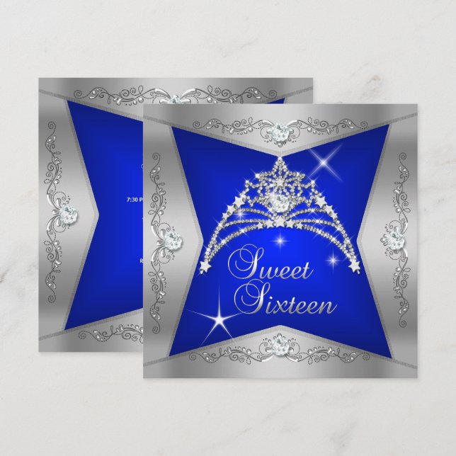 Sweet sixteen Sweet 16 Blue Silver Tiara Inbjudningar (Fram/baksida)