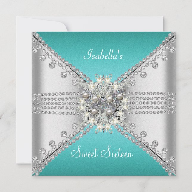 Sweet sixteen Sweet 16 Butterfly Blue Teal Silver Inbjudningar (Framsida)