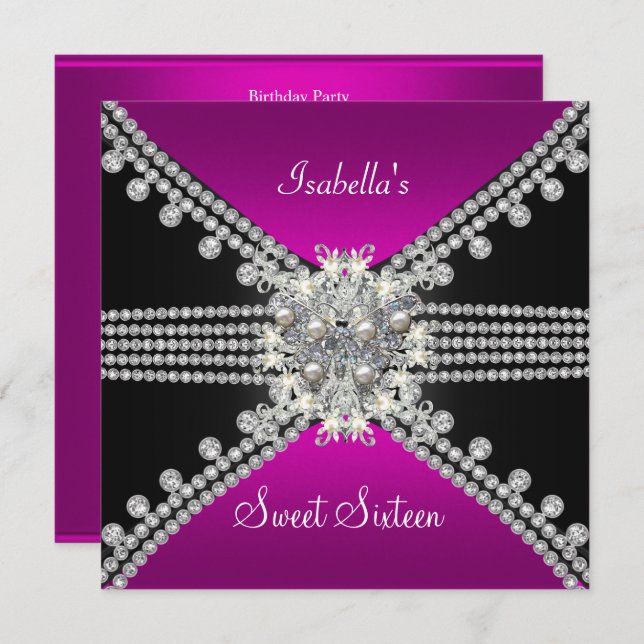 Sweet sixteen Sweet 16 Butterfly Shock rosa Black Inbjudningar (Fram/baksida)