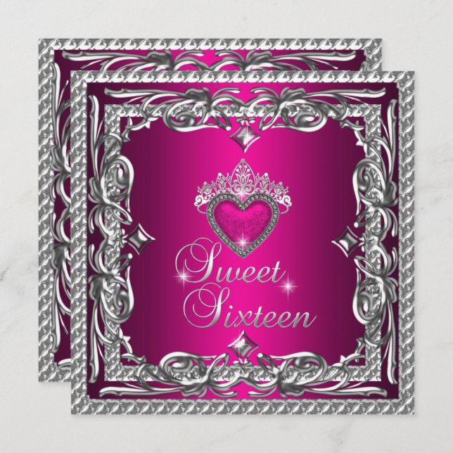 Sweet sixteen Sweet 16 Glitter Rosa Silver Tiara Inbjudningar (Fram/baksida)