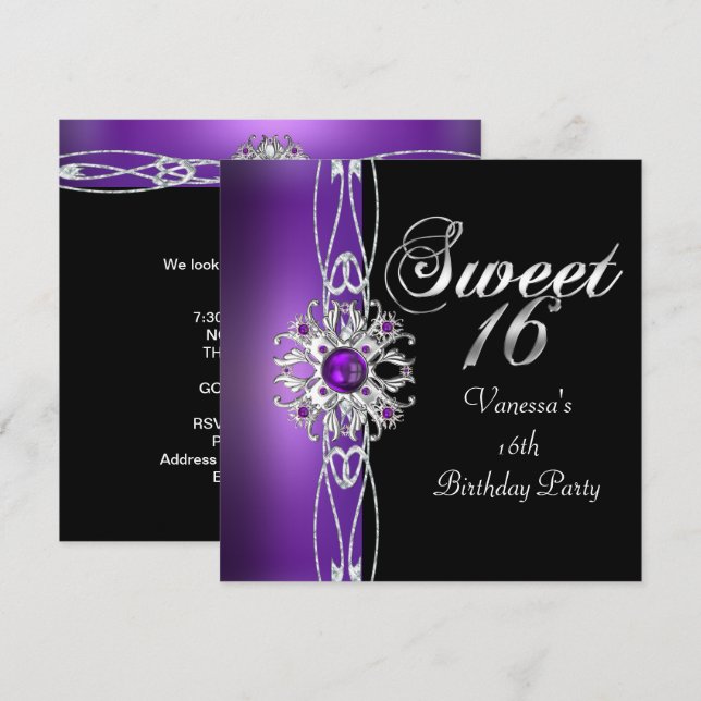 Sweet sixteen Sweet 16 Lila Silver Black Inbjudningar (Fram/baksida)