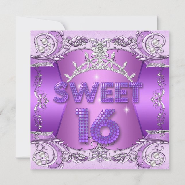 Sweet sixteen Sweet 16 Lila Silver Tiara Inbjudningar (Framsida)