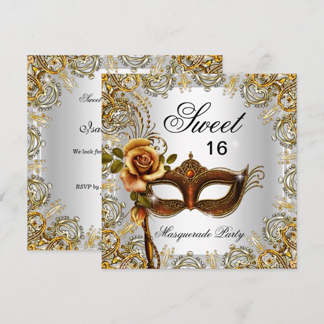 Sweet sixteen Sweet 16 Masqueraad Guld 2 Inbjudningar (Fram/baksida)