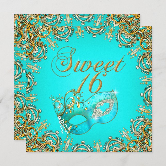 Sweet sixteen Sweet 16 Masquerad Guld Teal Inbjudningar (Fram/baksida)