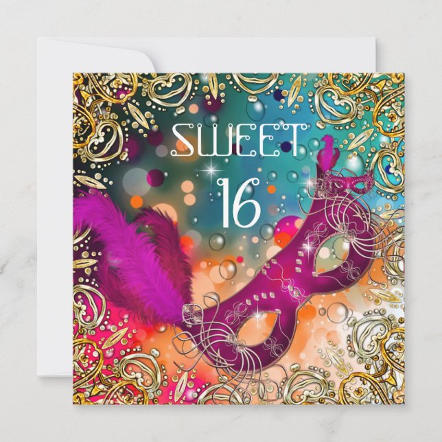 Sweet sixteen Sweet 16 Masquerad Rosa Teal Inbjudningar (Framsida)