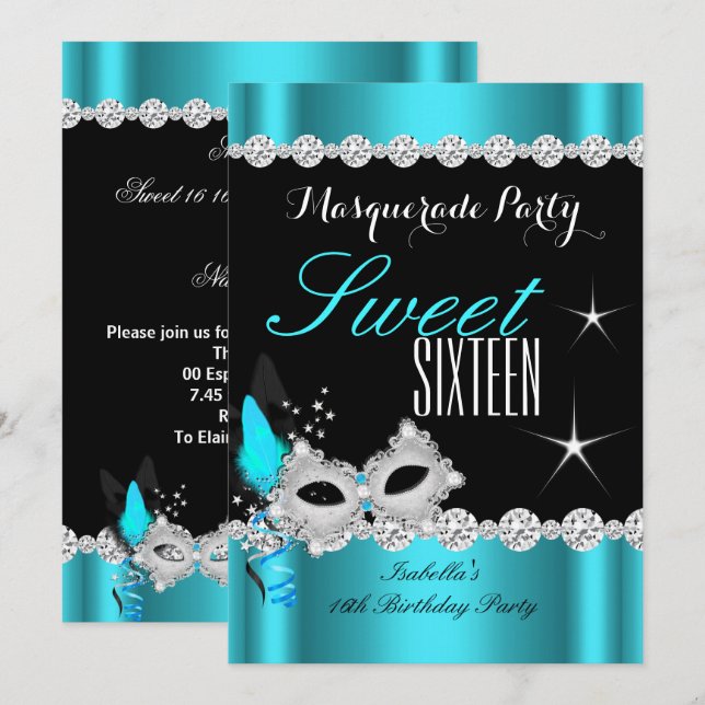 Sweet sixteen Sweet 16 Masqueraupplagningsmask 2 Inbjudningar (Fram/baksida)