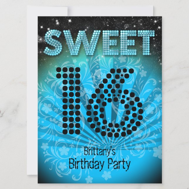 Sweet sixteen Sweet 16 Party Blue Teal Black Inbjudningar (Framsida)